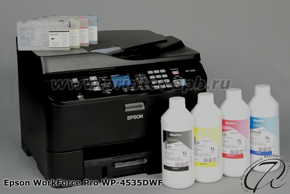 МФУ Epson WP-4535 DWF: + ПЗК + чернила MaxPro пигмент по 1 л.