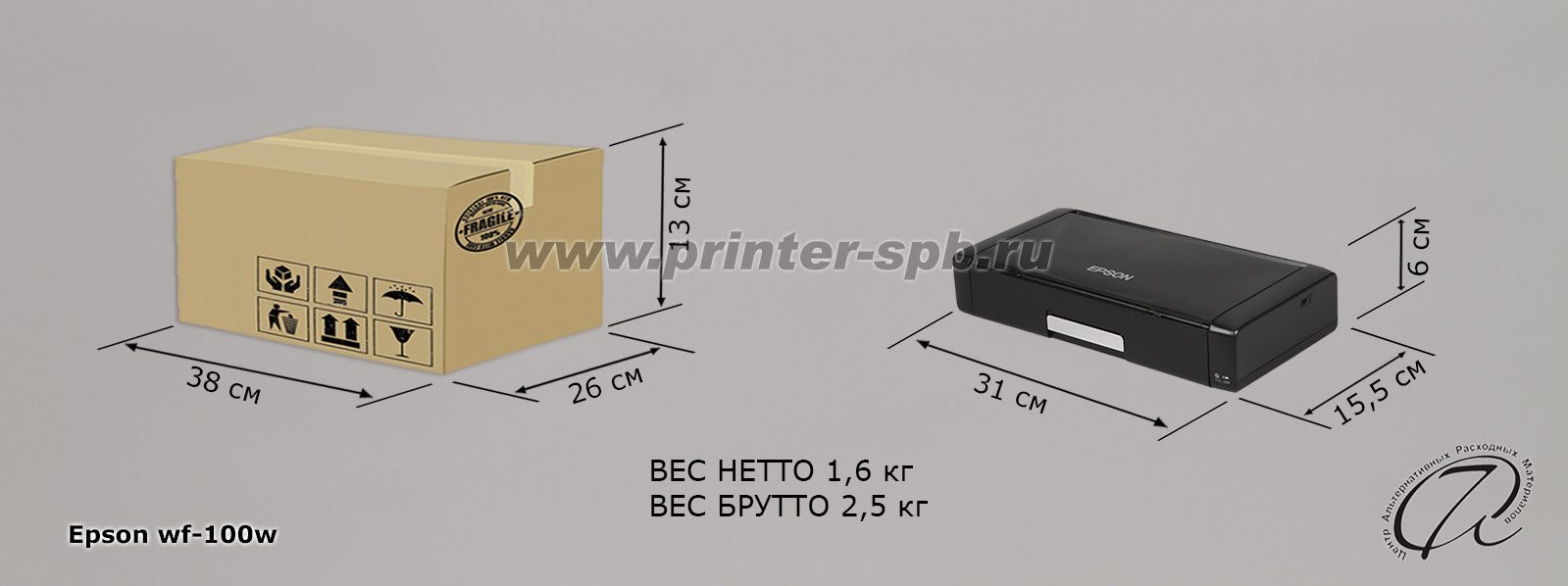 Epson WorkForce WF-100W, габариты и вес